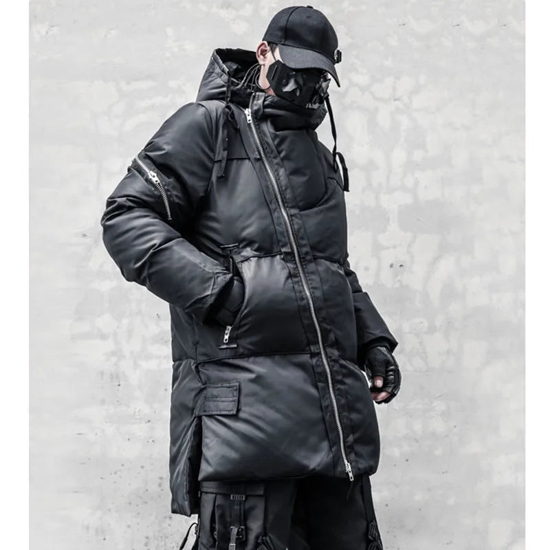 Unisex Winterjacke Schwarz mit Asymmetrischem Reißverschluss und Kapuze