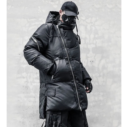 Unisex Winterjacke Schwarz mit Asymmetrischem Reißverschluss und Kapuze