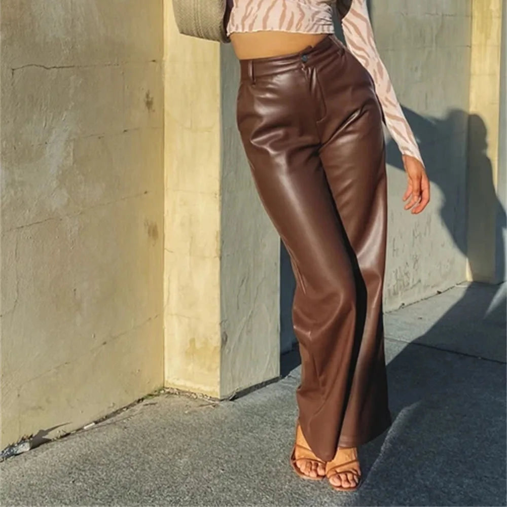 Damen Kunstleder Hose Weites Bein – Hochgeschnittene Hose mit glänzender Optik in verschiedenen Farben