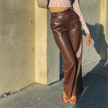 Damen Kunstleder Hose Weites Bein – Hochgeschnittene Hose mit glänzender Optik in verschiedenen Farben