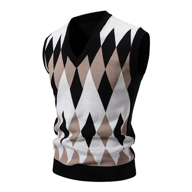 Herren Argyle Strickweste V-Ausschnitt Ärmellose Pullover Weste