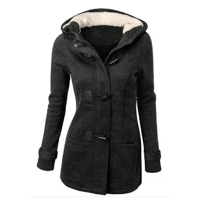 Damen Dufflecoat mit Kapuze und Knebelknöpfen - Warmer Wintermantel mit Teddyfutter
