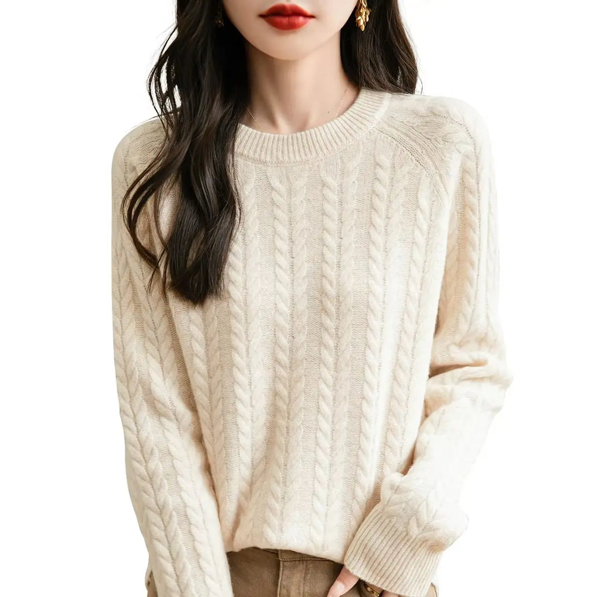 Damen Zopfstrick Pullover Rundhals Langarm Freizeit Strickpullover