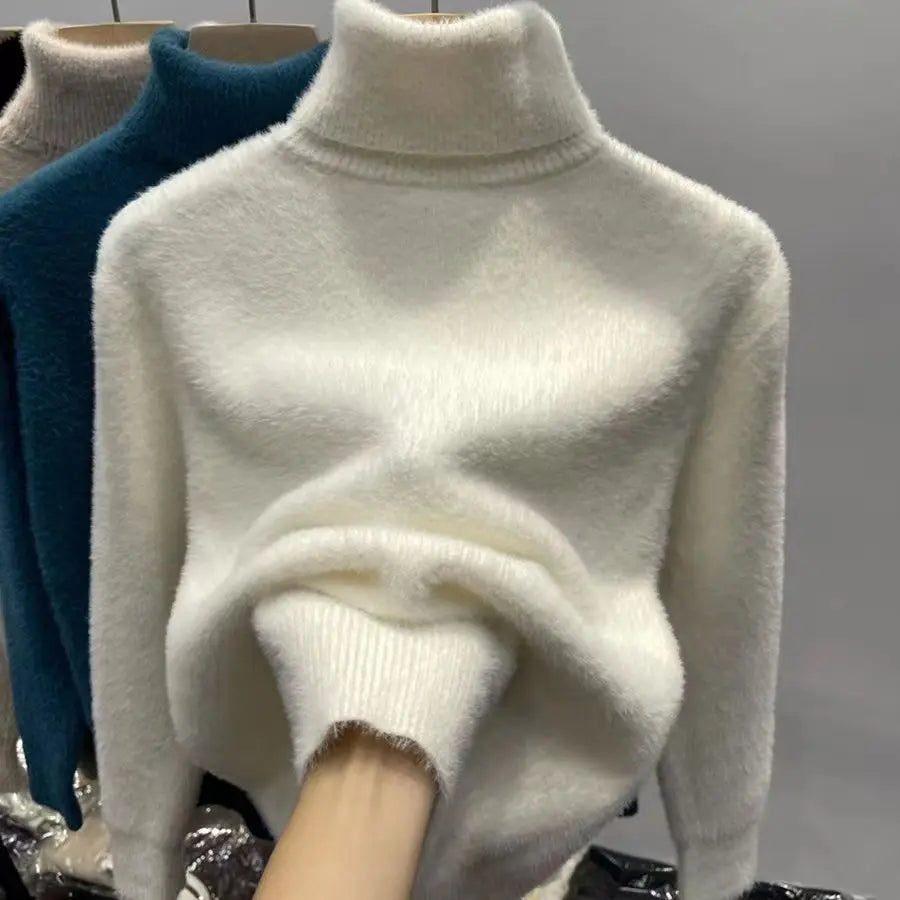 Damen Rollkragenpullover Plüsch Langarm Strickpullover Fluffy Winterpullover