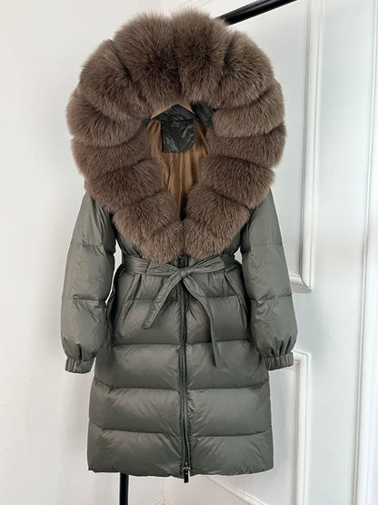 Damen Daunenmantel Schwarz mit Echtfellkragen und Bindegürtel Langer Winterparka