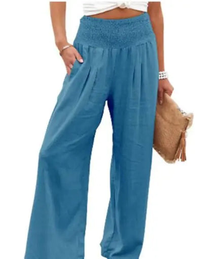 Damen Leinenhose mit weitem Bein und gerafftem Bund, lockere Freizeithose