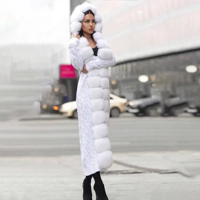 Damen Strickmantel Lang mit Kunstfellbesatz Zopfmuster Kapuze Winter