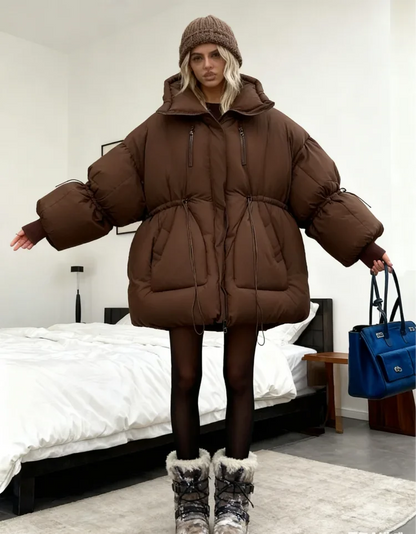 Damen Steppjacke Braun Oversize Hochkragen Kordelzug