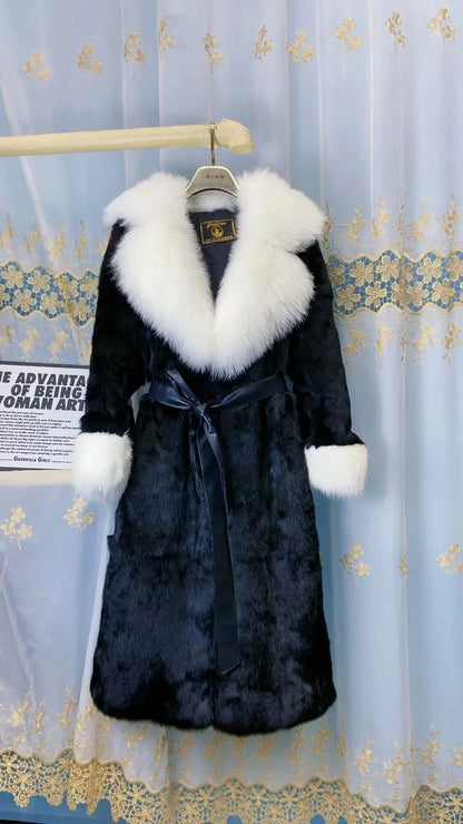 Damen Fell-Look Mantel Türkis mit breitem Kragen und Gürtel