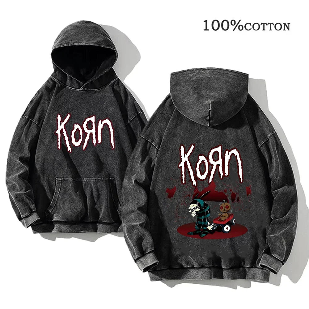 Unisex Kapuzenpullover Grau verwaschen mit Band-Print Vorn & Hinten