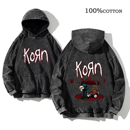Unisex Kapuzenpullover Grau verwaschen mit Band-Print Vorn & Hinten