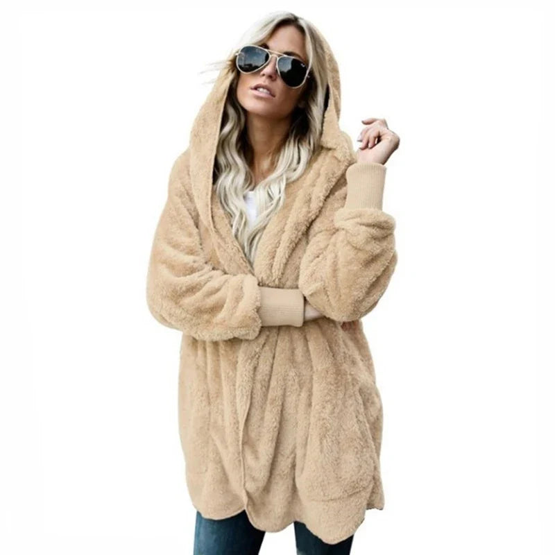 Damen Kuscheliger Teddyfell Cardigan Langarm Offene Vorderseite