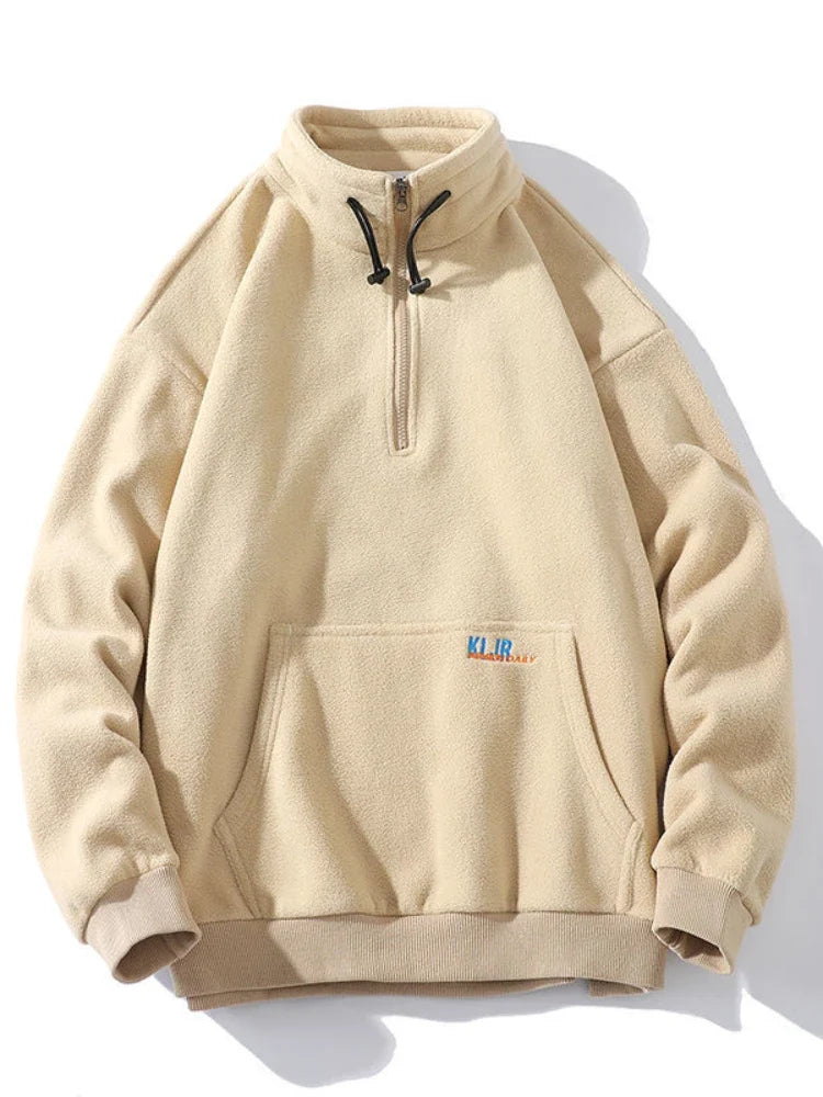 Fleecejacke Stehkragen Reißverschluss Aufnäher Langarm Beige