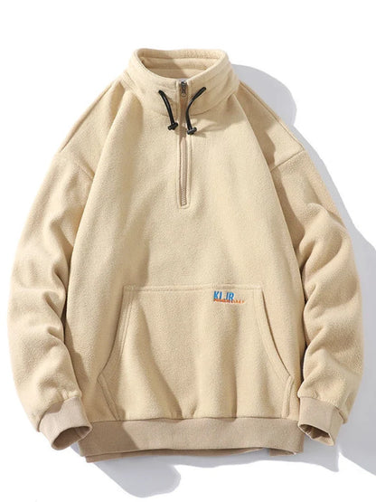 Fleecejacke Stehkragen Reißverschluss Aufnäher Langarm Beige