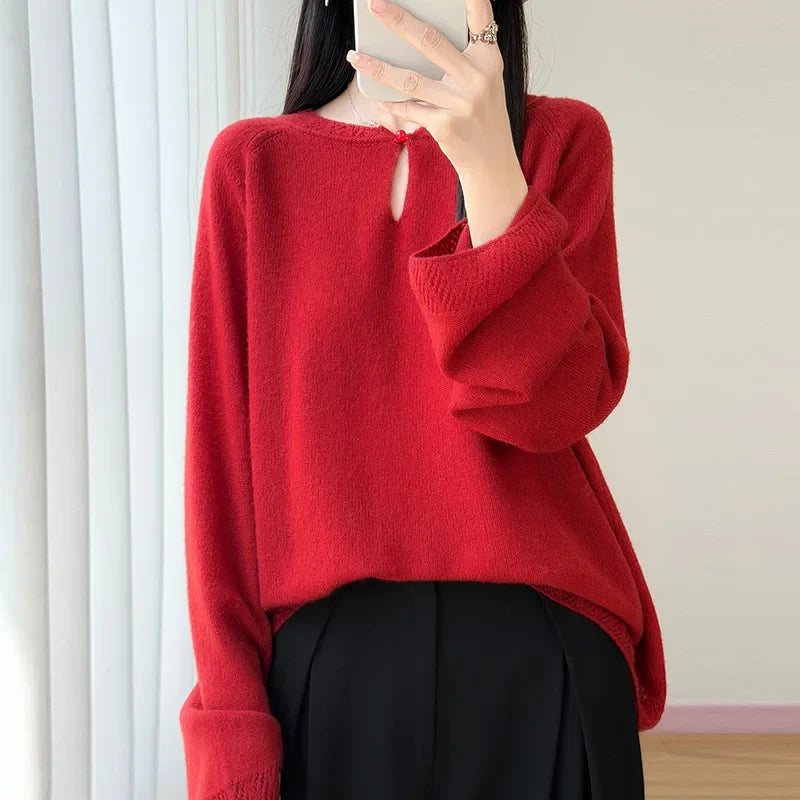 Damen Pullover Langarm Rundhals mit Lochdetails Hellrosa