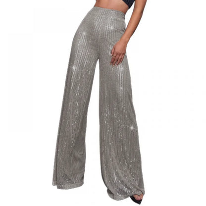 Damen Pailletten Weite Hose mit Hohem Bund Glamourös Glänzend Violett