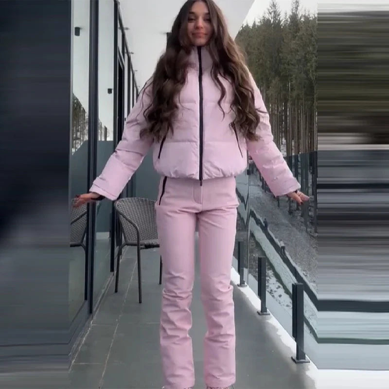 Damen Steppjacke mit Kapuze & Skihose Set Hellrosa