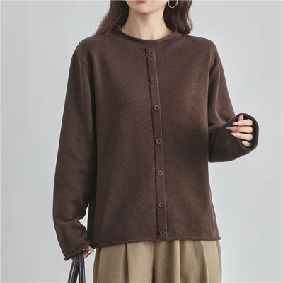 Damen Cardigan Strickjacke Rundhals Langarm Knöpfe Schwarz Braun Grau Rot