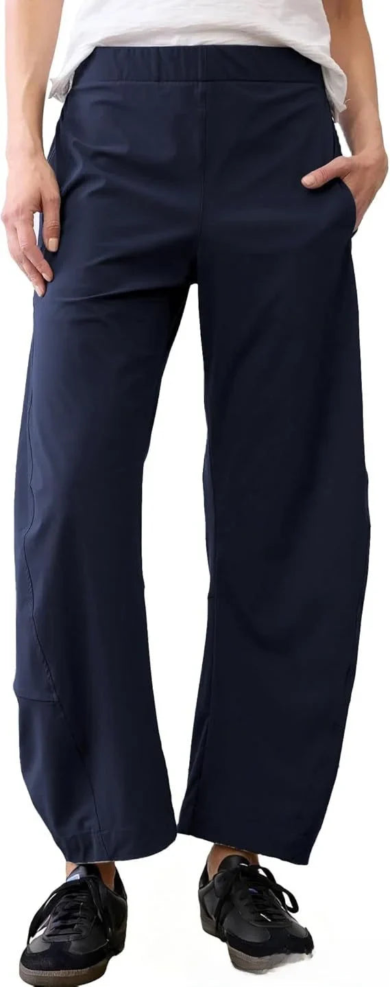 Damen Freizeithose Weites Bein Elastischer Bund Bequeme Stoffhose