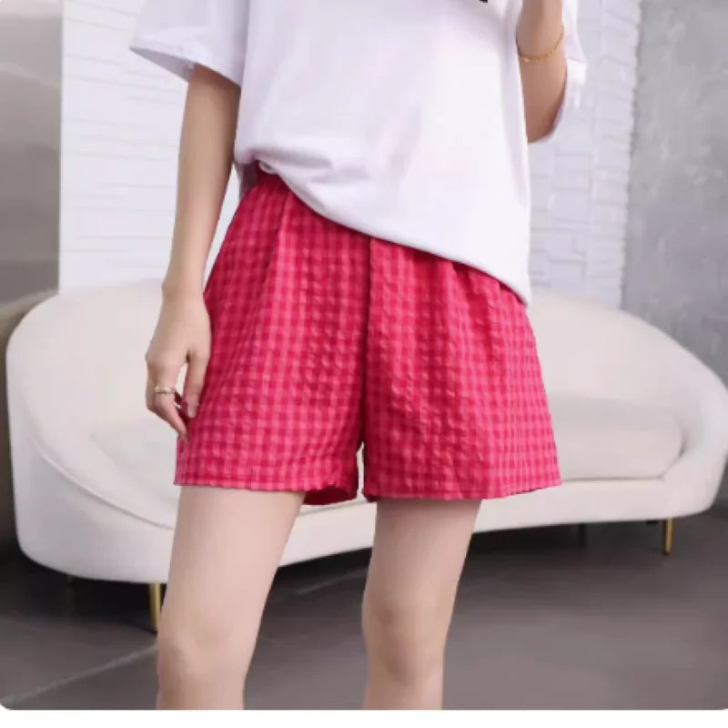 Damen Shorts Karo Muster Elastischer Bund Bequemer Schnitt