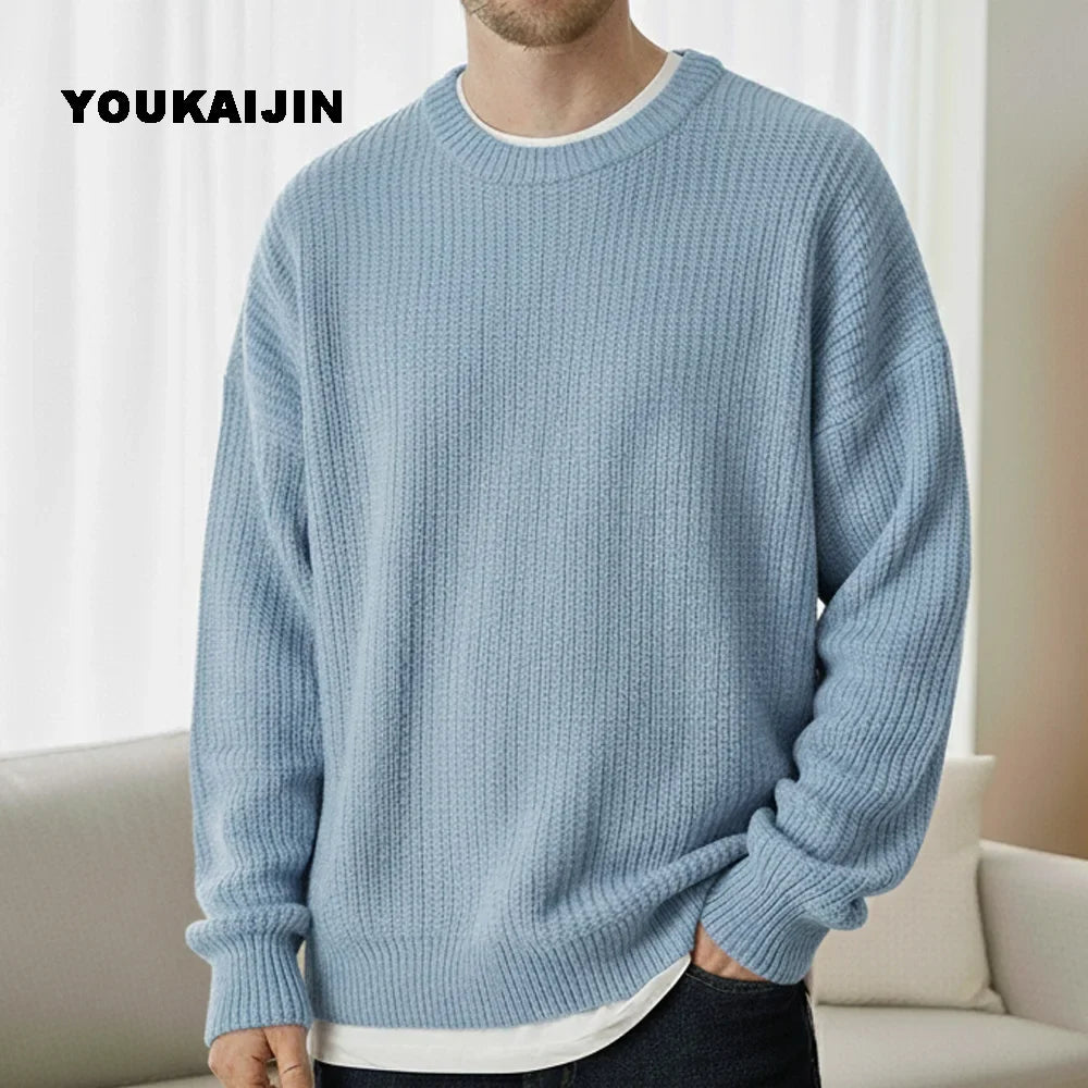 Herren Strickpullover Rundhals Weit Geschnitten Gerippte Bündchen