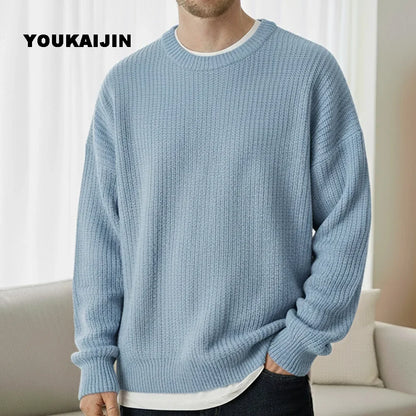 Herren Strickpullover Rundhals Weit Geschnitten Gerippte Bündchen