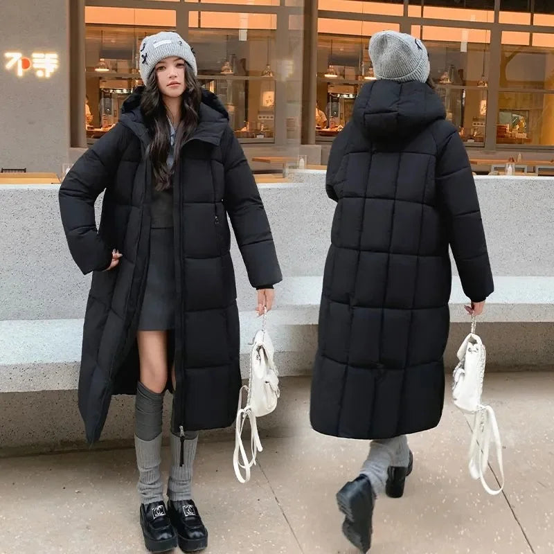 Damen Langer Steppmantel mit Kapuze – Warmer Winter Daunenmantel