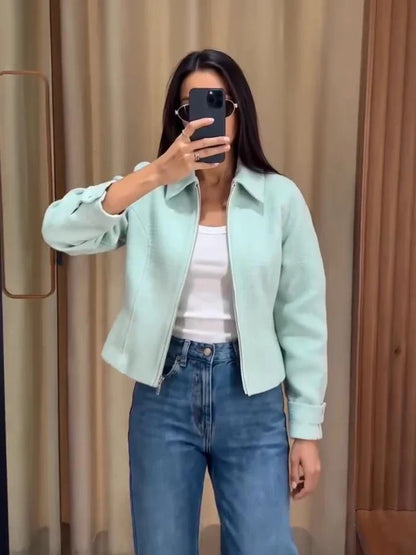 Damen Kurzjacke mit Reißverschluss – Mintgrün Struktur-Optik