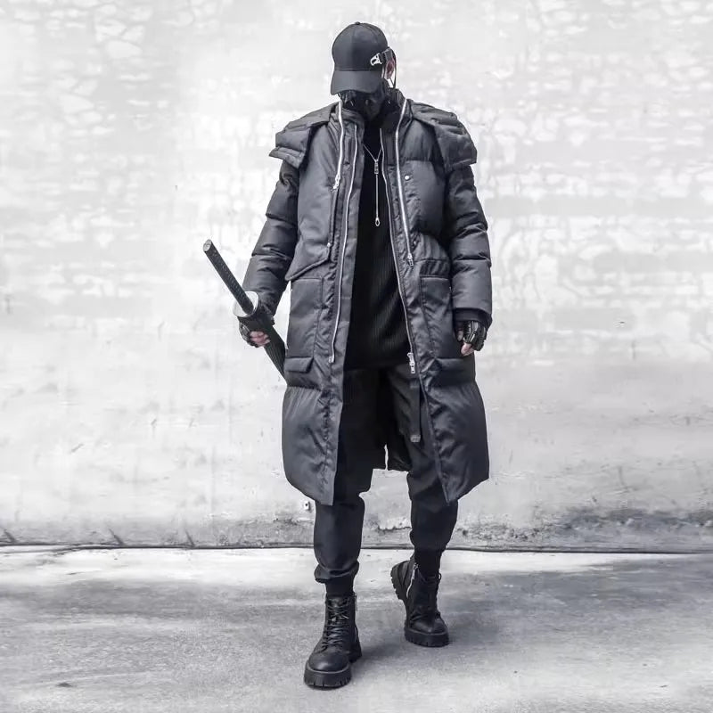 Unisex Langer Steppmantel Schwarz mit Kapuze Reißverschlüssen Winter