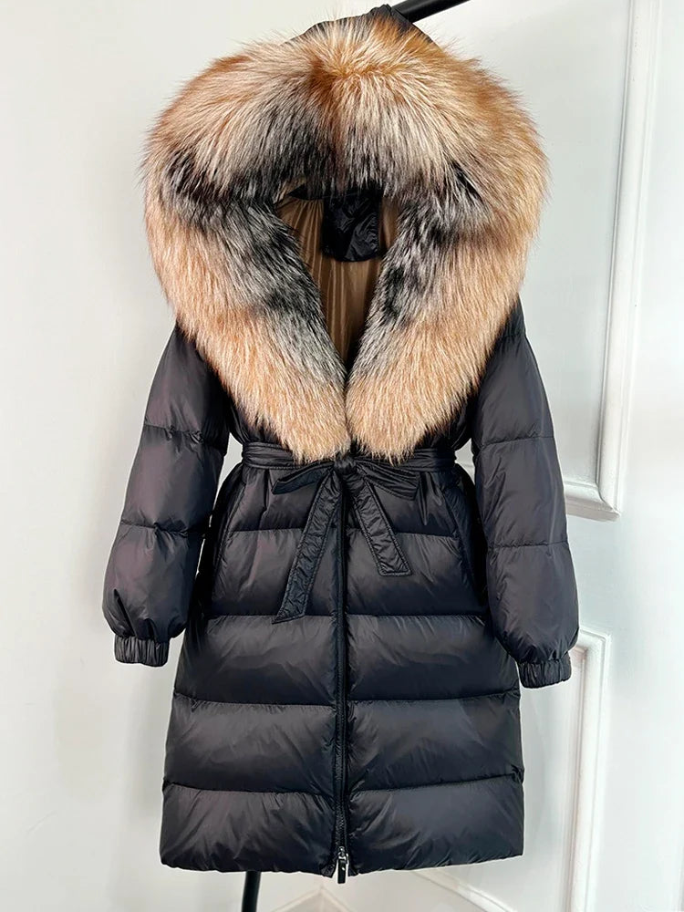 Damen Daunenmantel Schwarz mit Echtfellkragen und Bindegürtel Langer Winterparka