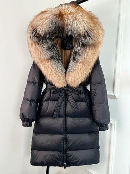 Damen Daunenmantel Schwarz mit Echtfellkragen und Bindegürtel Langer Winterparka