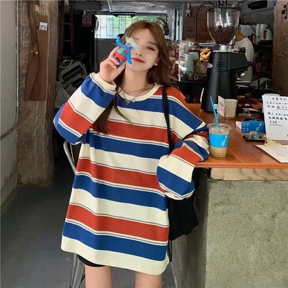 Gestreiftes Langarmshirt Damen Oversized Passform