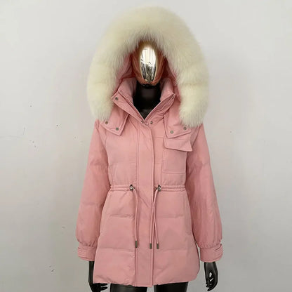 Damen Winter Parka mit Kapuze und Fellkragen Tunnelzug Weiß