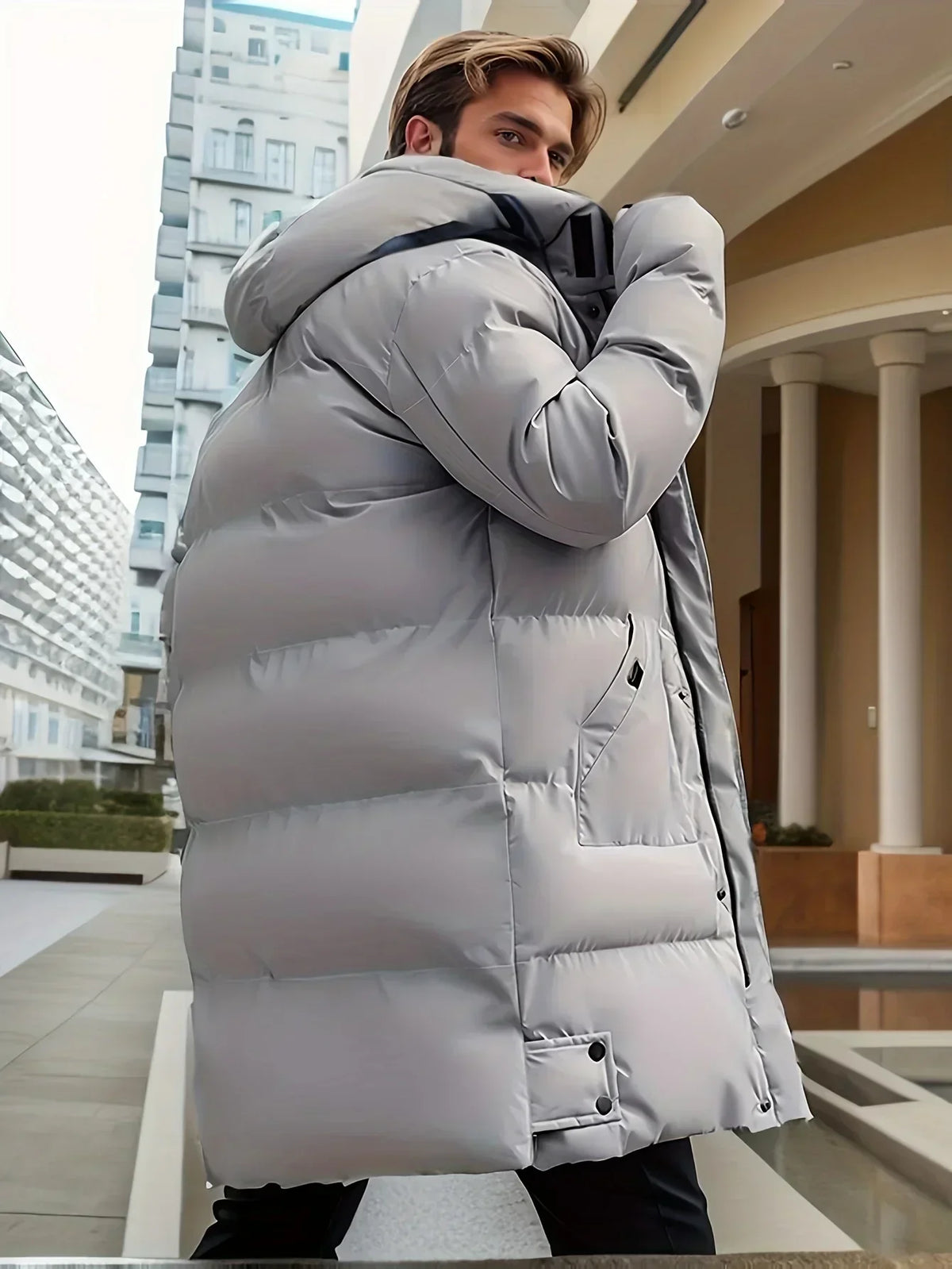 Herren Winter Steppmantel Lang mit Kapuze und Reißverschluss, Grau