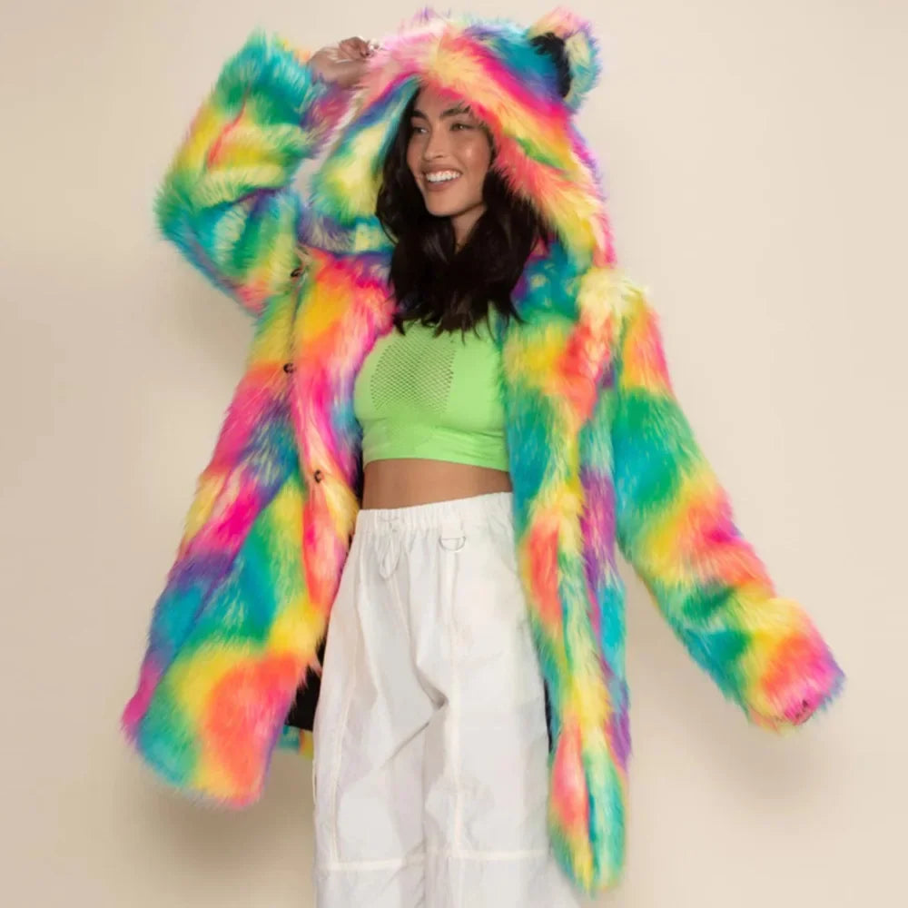Bunte Kunstfelljacke mit Kapuze und Ohren