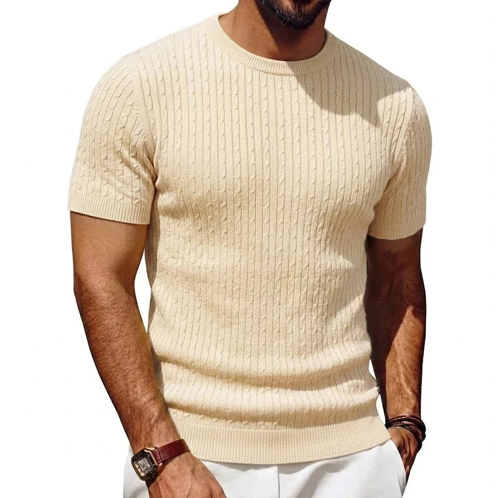 Herren Kurzarm Pullover Rundhals Strick mit Zopfmuster Marineblau