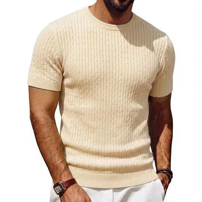 Herren Kurzarm Pullover Rundhals Strick mit Zopfmuster Marineblau