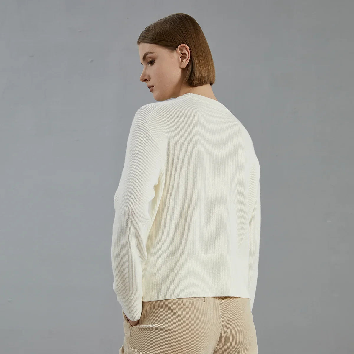 Damen Pullover gerippt Rundhals Langarm Strickpullover