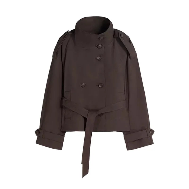 Damen Kurzjacke Trench-Stil Doppelreiher mit Bindegürtel Stehkragen
