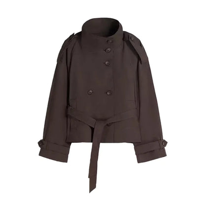 Damen Kurzjacke Trench-Stil Doppelreiher mit Bindegürtel Stehkragen