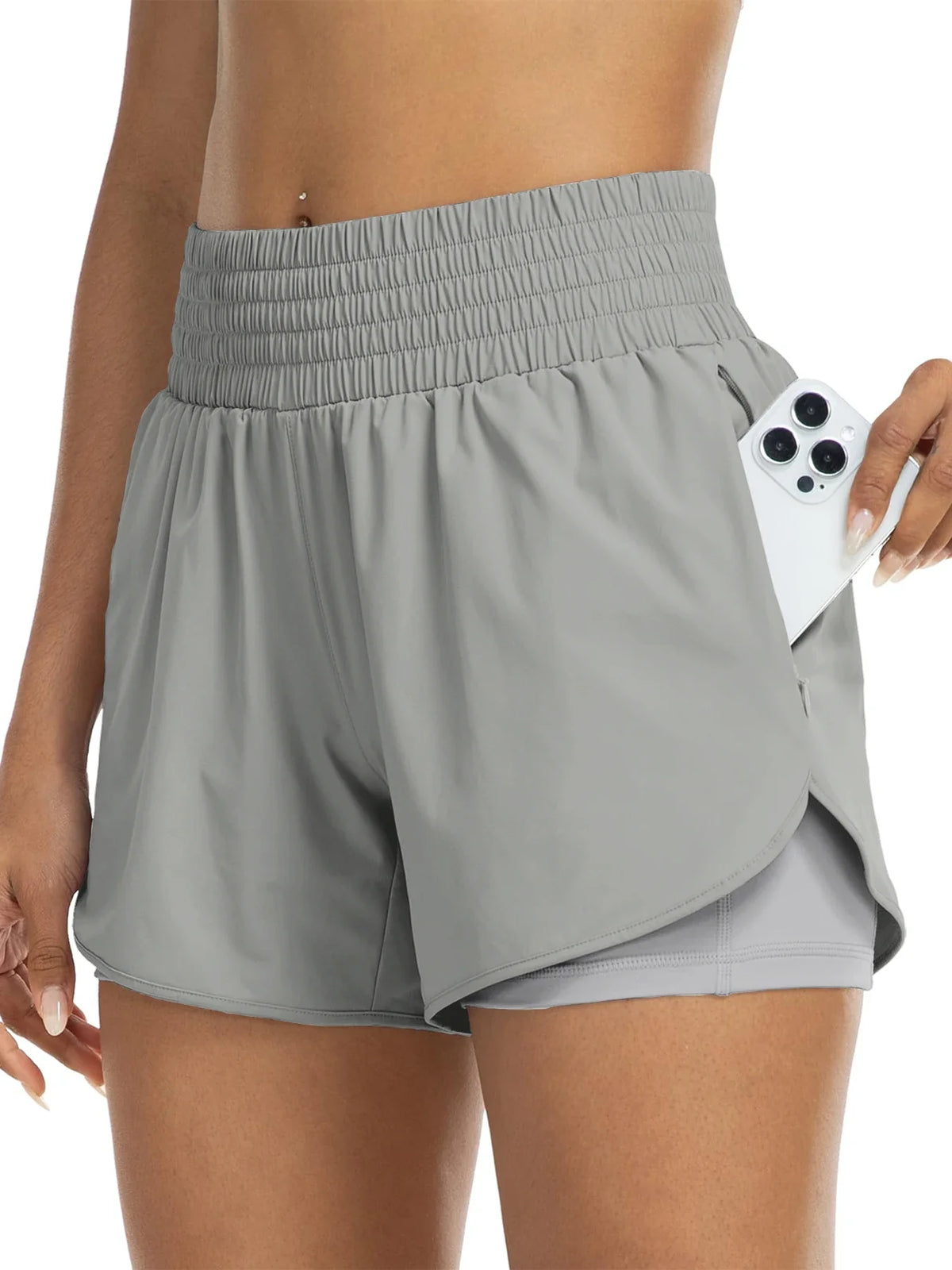 Damen Sportshorts mit hohem Bund und Tasche, 2-in-1-Design