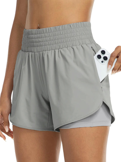 Damen Sportshorts mit hohem Bund und Tasche, 2-in-1-Design