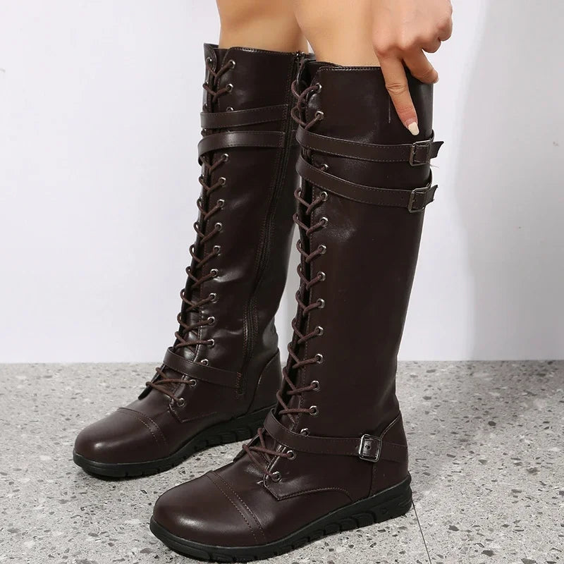 Damen Schnürstiefel mit Schnallen und Reißverschluss, Kniehoch, Braun