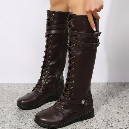 Damen Schnürstiefel mit Schnallen und Reißverschluss, Kniehoch, Braun