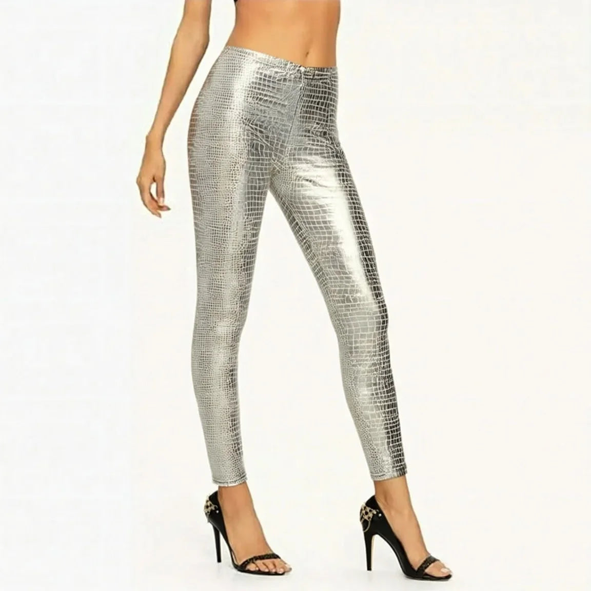 Damen Leggings mit Schlangenmuster Glänzend High Waist Silber