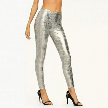 Damen Leggings mit Schlangenmuster Glänzend High Waist Silber