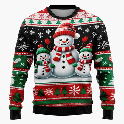 Herren & Kinder Weihnachtspullover – Lustiger Santa & Schneemann, Winterlicher 3D Ugly Christmas Sweater