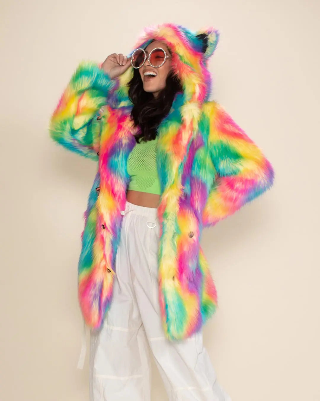 Bunte Kunstfelljacke mit Kapuze und Ohren