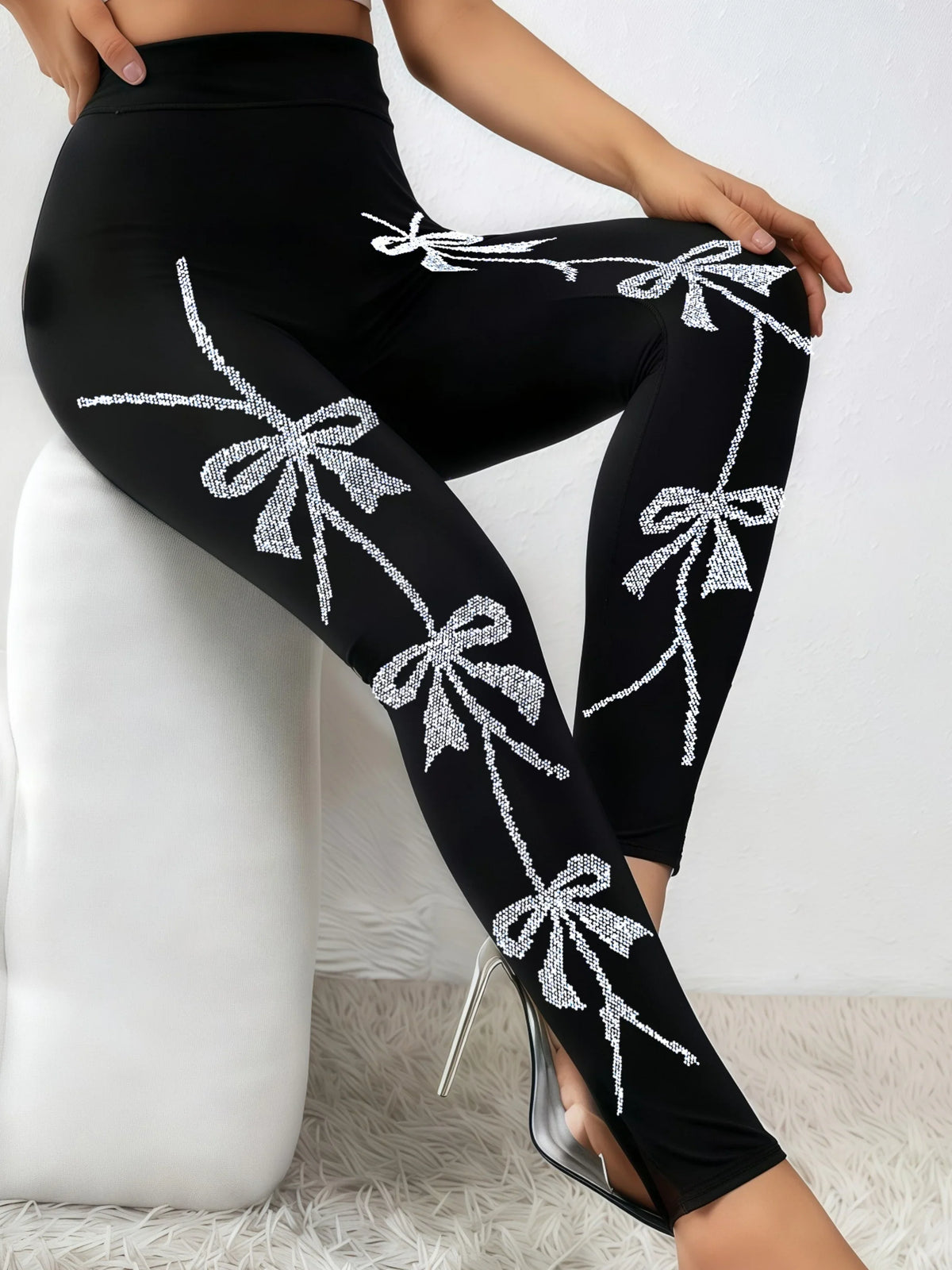 Damen Leggings Schwarz mit Glitzer-Schleifenmuster Hohe Taille