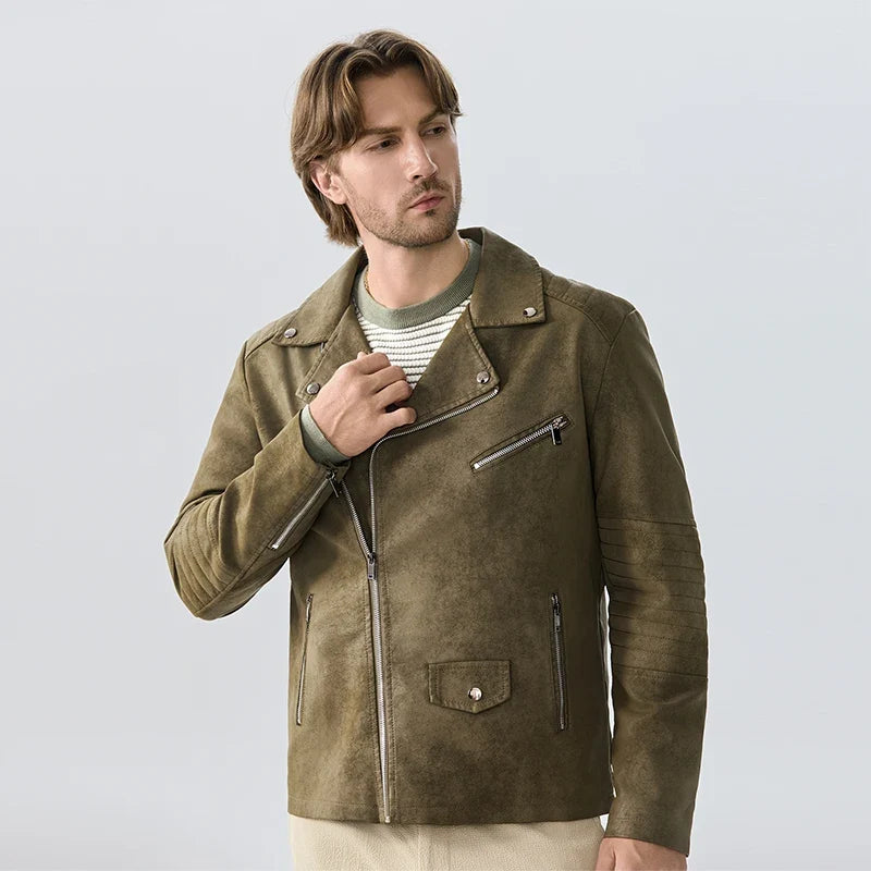 Herren Bikerjacke Wildleder-Optik Asymmetrischer Reißverschluss Braun